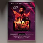 A professional Trap King Flyer Template featuring grungy street textures, vibrant neon accents, and bold modern display typography.