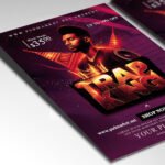 Customizable urban trap music poster in PSD format with high-contrast design elements, organized Photoshop layers, and premium artist photo placeholders.