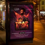 An eye-catching "Trap King" invitation flyer template showing sharp 300 DPI resolution, professional concert aesthetic, and high-impact street-style design.