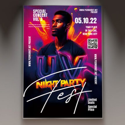 A professional UV Party Flyer Template featuring vibrant neon glow effects, dark ultraviolet backgrounds, and cutting-edge display typography.