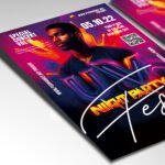 Customizable glow party poster in PSD format with blacklight aesthetic elements, organized Photoshop layers, and premium artist photo placeholders.