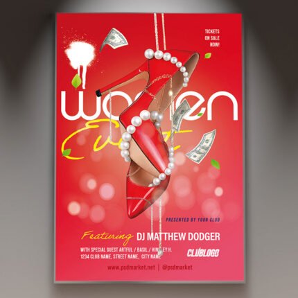 A professional Women Party Flyer Template featuring chic lighting effects, elegant color gradients, and bold modern typography.