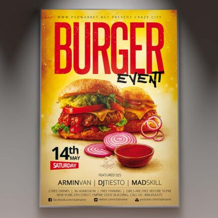 A professional Burger Event Flyer Template featuring appetizing food elements, vibrant colors, and bold display typography.
