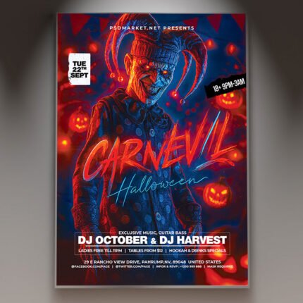 A professional Carnevil Party Flyer Template featuring dark carnival gradients, vintage circus motifs, and bold chilling typography.