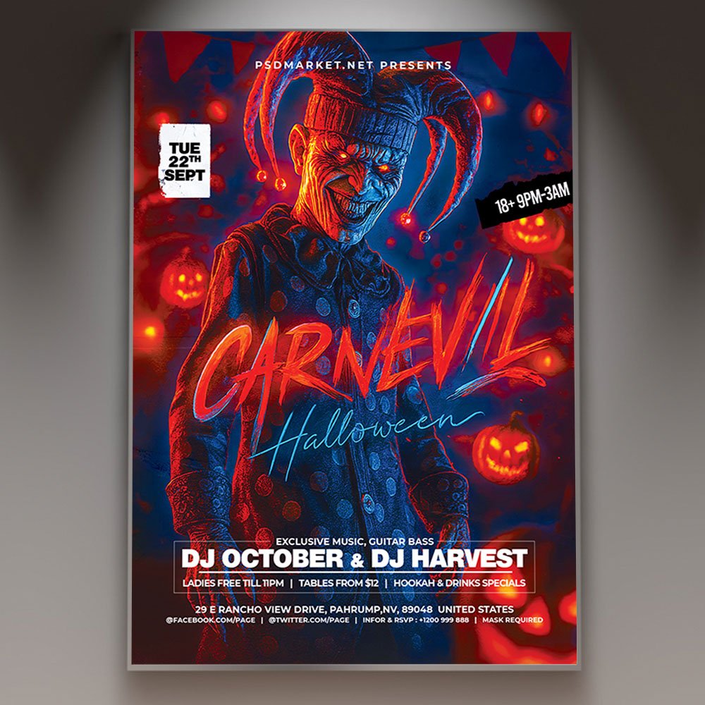 A professional Carnevil Party Flyer Template featuring dark carnival gradients, vintage circus motifs, and bold chilling typography.