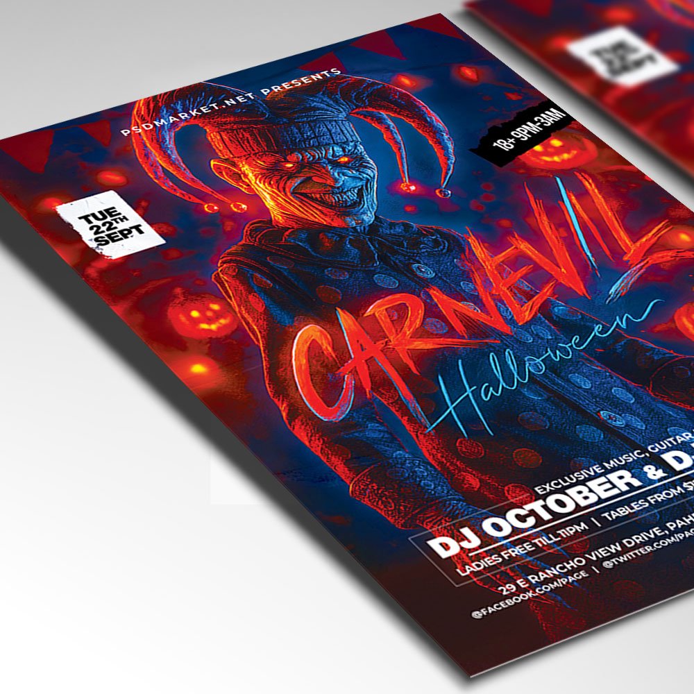Customizable spooky carnival party poster in PSD format with atmospheric design elements, organized Photoshop layers, and premium placeholders for event details.
