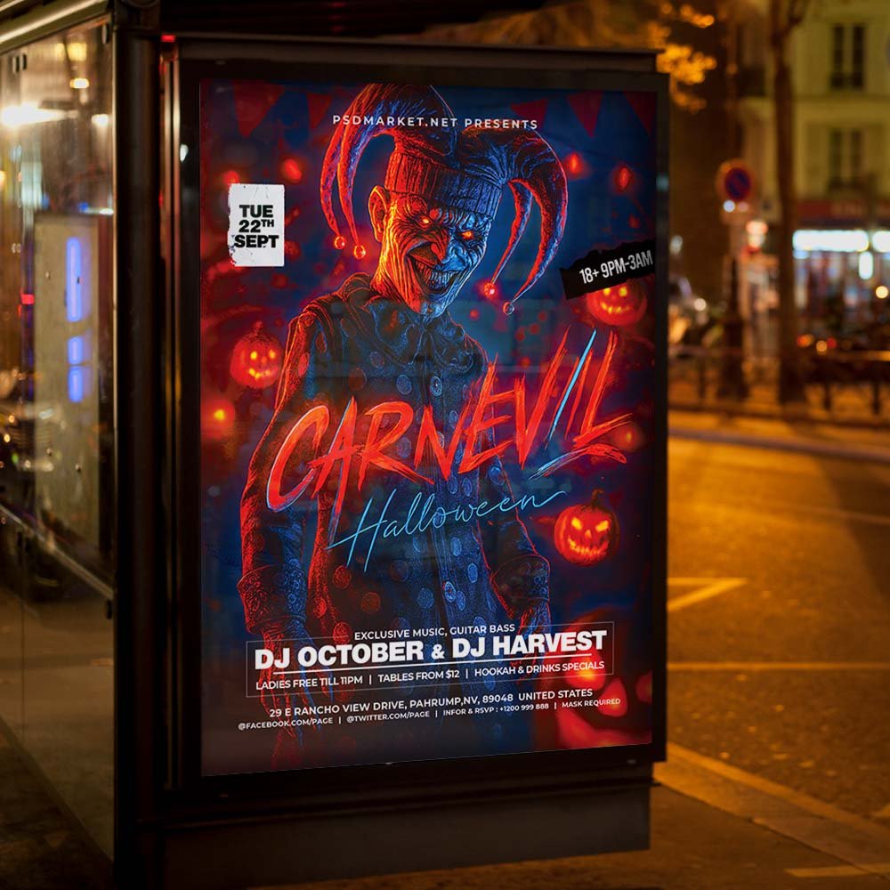 An eye-catching "Carnevil Party" invitation flyer template showing sharp 300 DPI resolution, professional horror-circus aesthetic, and high-impact design.