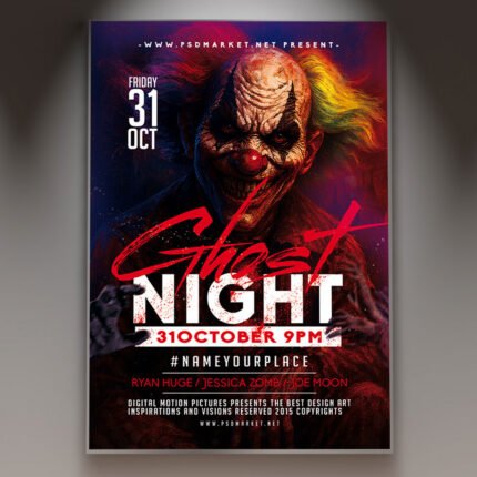 A professional Ghost Night Flyer PSD Template featuring dark haunted mist effects, spectral glows, and bold chilling typography.
