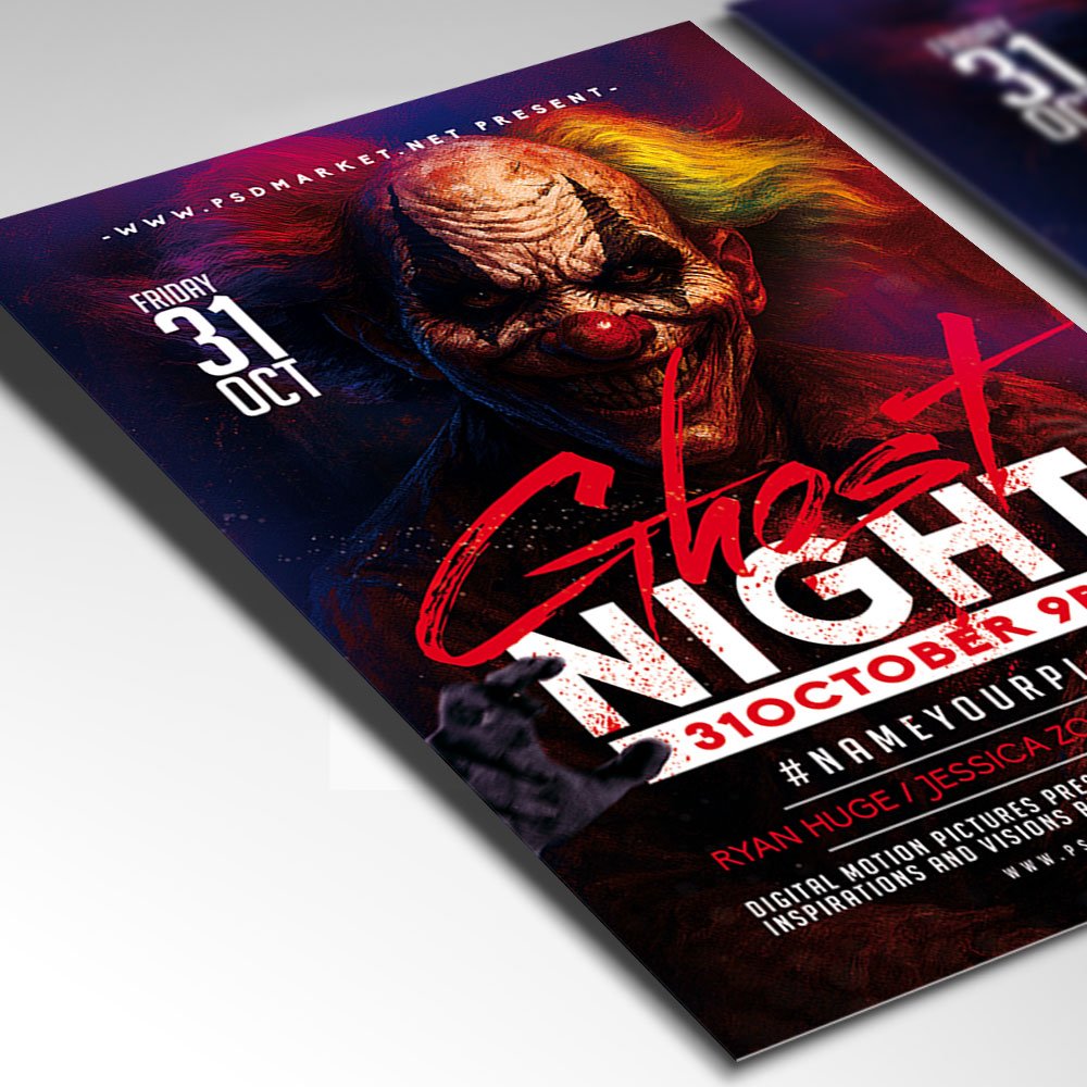 Customizable spooky ghost night poster in PSD format with atmospheric design elements, organized Photoshop layers, and premium placeholders for event details.