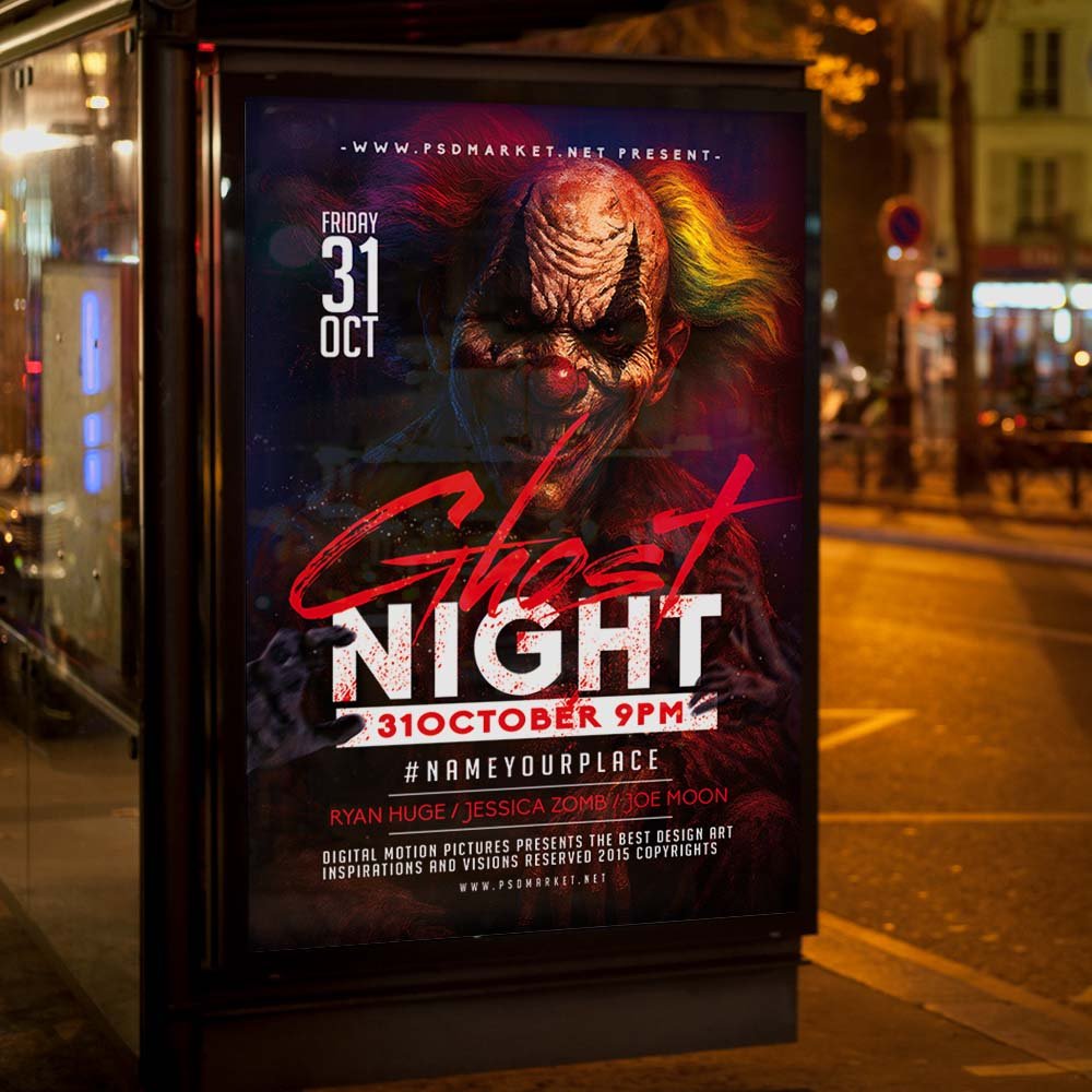 An eye-catching "Ghost Night" invitation flyer template showing sharp 300 DPI resolution, professional supernatural aesthetic, and high-impact design.