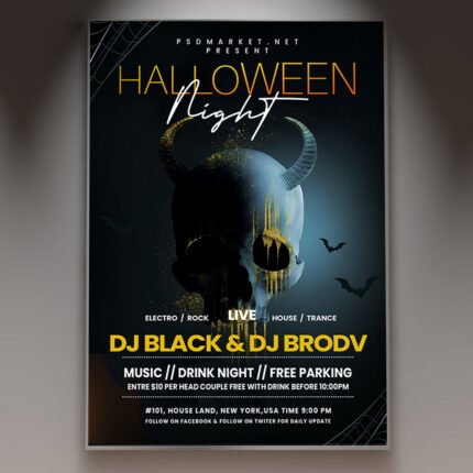 A professional Halloween Night Event Flyer PSD Template featuring sinister pumpkin lighting, spooky fog effects, and bold chilling typography.