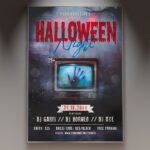 A professional Halloween Night Flyer PSD Template featuring dark atmospheric gradients, gothic horror typography, and spooky design motifs.