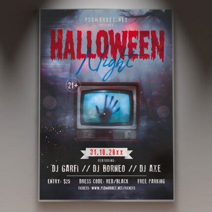 A professional Halloween Night Flyer PSD Template featuring dark atmospheric gradients, gothic horror typography, and spooky design motifs.