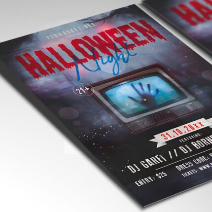 Customizable spooky Halloween party poster in PSD format with atmospheric lighting, organized Photoshop layers, and premium placeholders for event details.