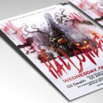 Customizable spooky Halloween night poster in PSD format with atmospheric lighting, organized Photoshop layers, and premium placeholders for event details.