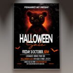 A professional Halloween Sale Flyer Template featuring dark haunted textures, eerie pumpkin accents, and bold promotional typography.