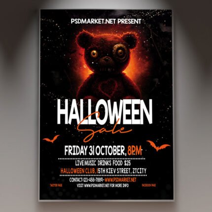 A professional Halloween Sale Flyer Template featuring dark haunted textures, eerie pumpkin accents, and bold promotional typography.