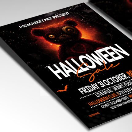 Customizable retail discount poster in PSD format with atmospheric design elements, organized Photoshop layers, and premium placeholders for sale details.
