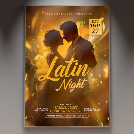 A professional Latin Night Flyer Template featuring vibrant tropical colors, dynamic dance silhouettes, and bold stylish typography.
