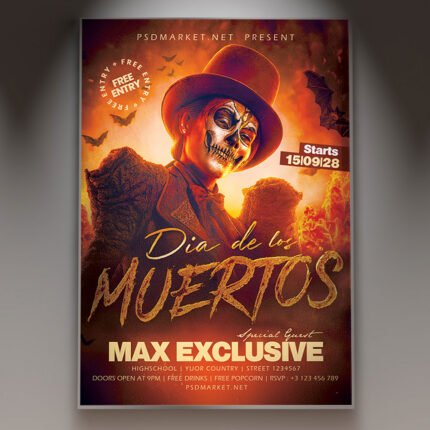 A professional Muertos Flyer Template featuring vibrant floral sugar skull motifs, rich marigold colors, and striking artistic typography.