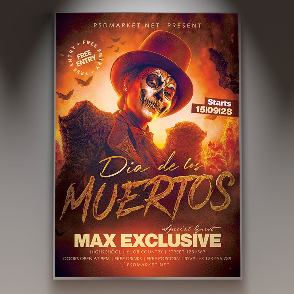 A professional Muertos Flyer Template featuring vibrant floral sugar skull motifs, rich marigold colors, and striking artistic typography.