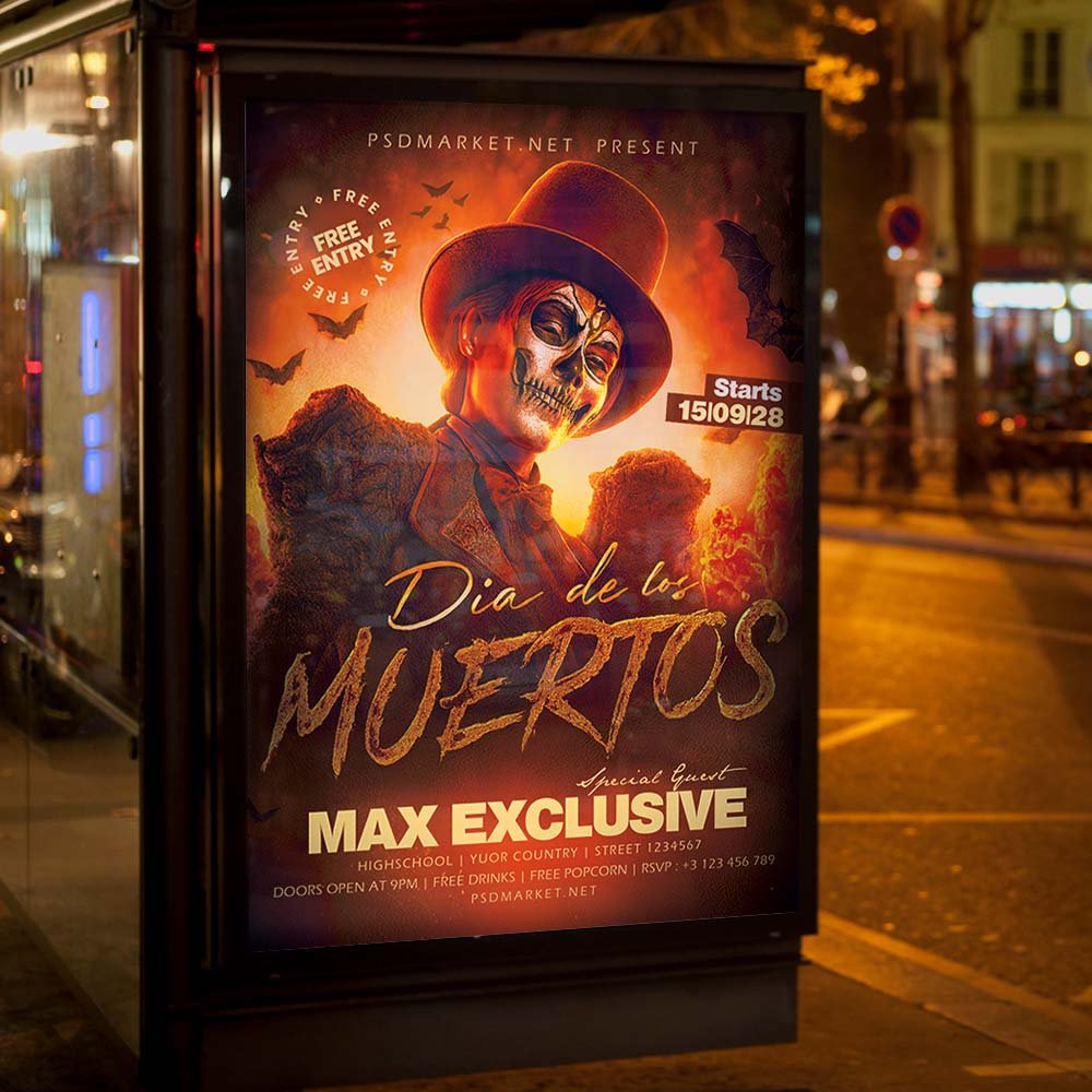 An eye-catching "Muertos" invitation flyer template showing sharp 300 DPI resolution, professional celebration aesthetic, and high-impact design.