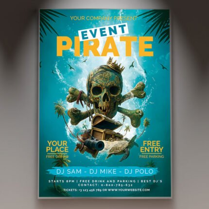 A professional Pirate Event Flyer Template featuring weathered parchment textures, vintage treasure map elements, and bold adventurous typography.