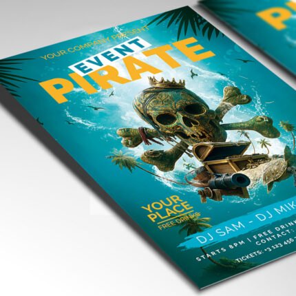 Customizable pirate themed event poster in PSD format with atmospheric design details, organized Photoshop layers, and premium placeholders for event details.