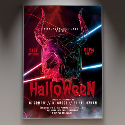 A professional Halloween Event Flyer PSD Template featuring dark atmospheric gradients, gothic horror typography, and spooky design motifs.
