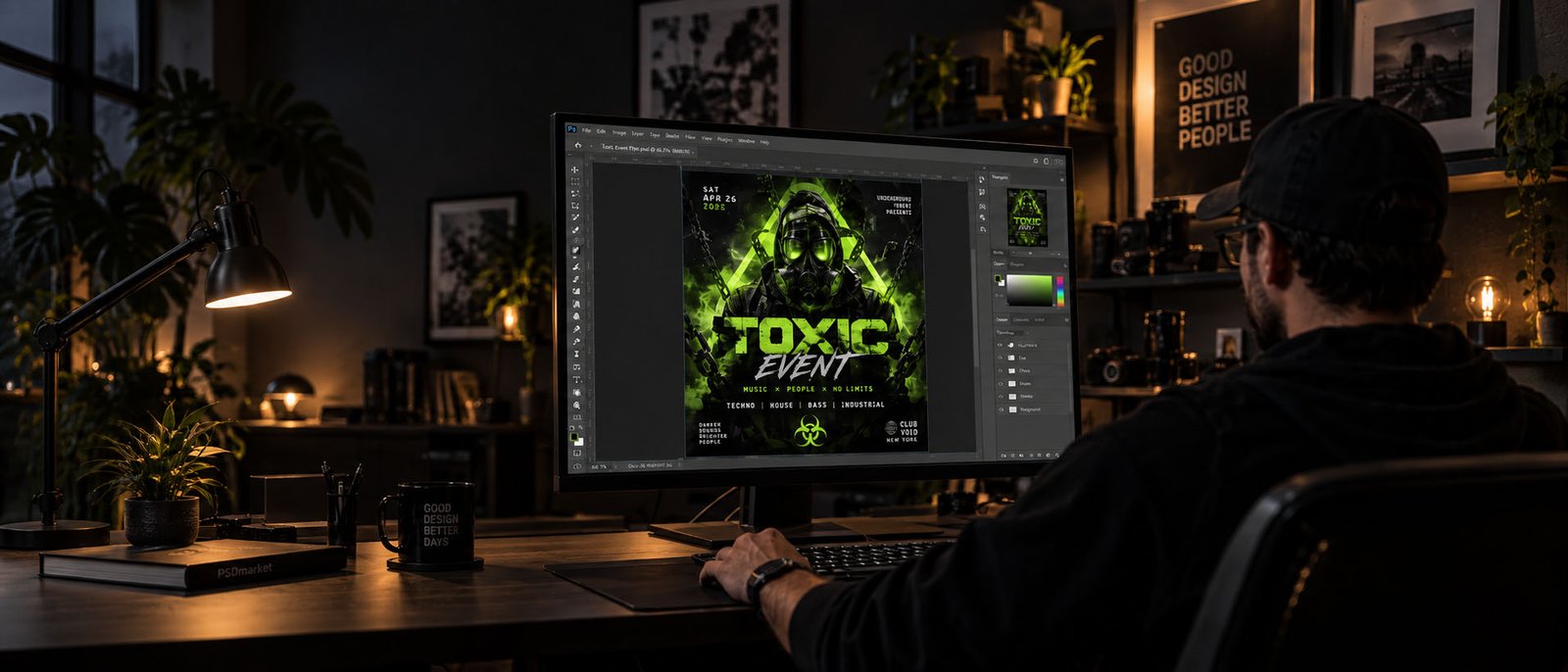 Designer editing a PSD flyer template in Adobe Photoshop on a desktop monitor