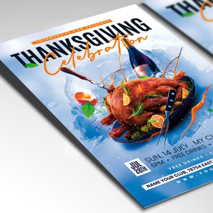 Customizable Thanksgiving dinner event poster in PSD format with seasonal design details, organized Photoshop layers, and premium placeholders for event details.