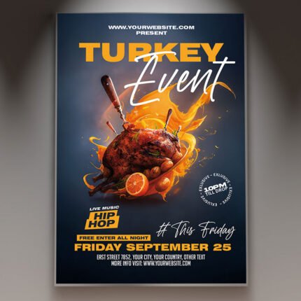 A professional Turkey Day Flyer Template featuring rich autumn colors, rustic foliage motifs, and warm welcoming typography.