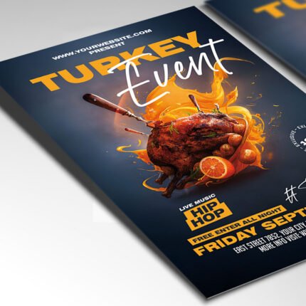 Customizable Turkey Day dinner event poster in PSD format with seasonal design details, organized Photoshop layers, and premium placeholders for event details.