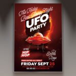A professional UFO Party Flyer Template featuring glowing neon light beams, mysterious spacecraft motifs, and cutting-edge display typography.
