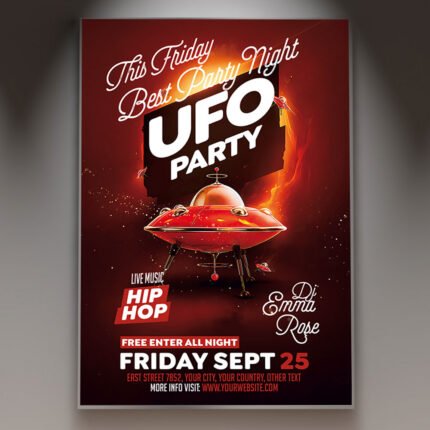 A professional UFO Party Flyer Template featuring glowing neon light beams, mysterious spacecraft motifs, and cutting-edge display typography.