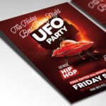 Customizable futuristic sci-fi party poster in PSD format with atmospheric design elements, organized Photoshop layers, and premium placeholders for event details.
