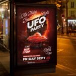 An eye-catching "UFO Party" invitation flyer template showing sharp 300 DPI resolution, professional cosmic aesthetic, and high-impact design.