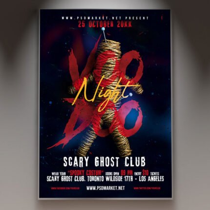 A professional Voodoo Flyer Template featuring dark mystical gradients, occult symbol motifs, and chilling atmospheric typography.
