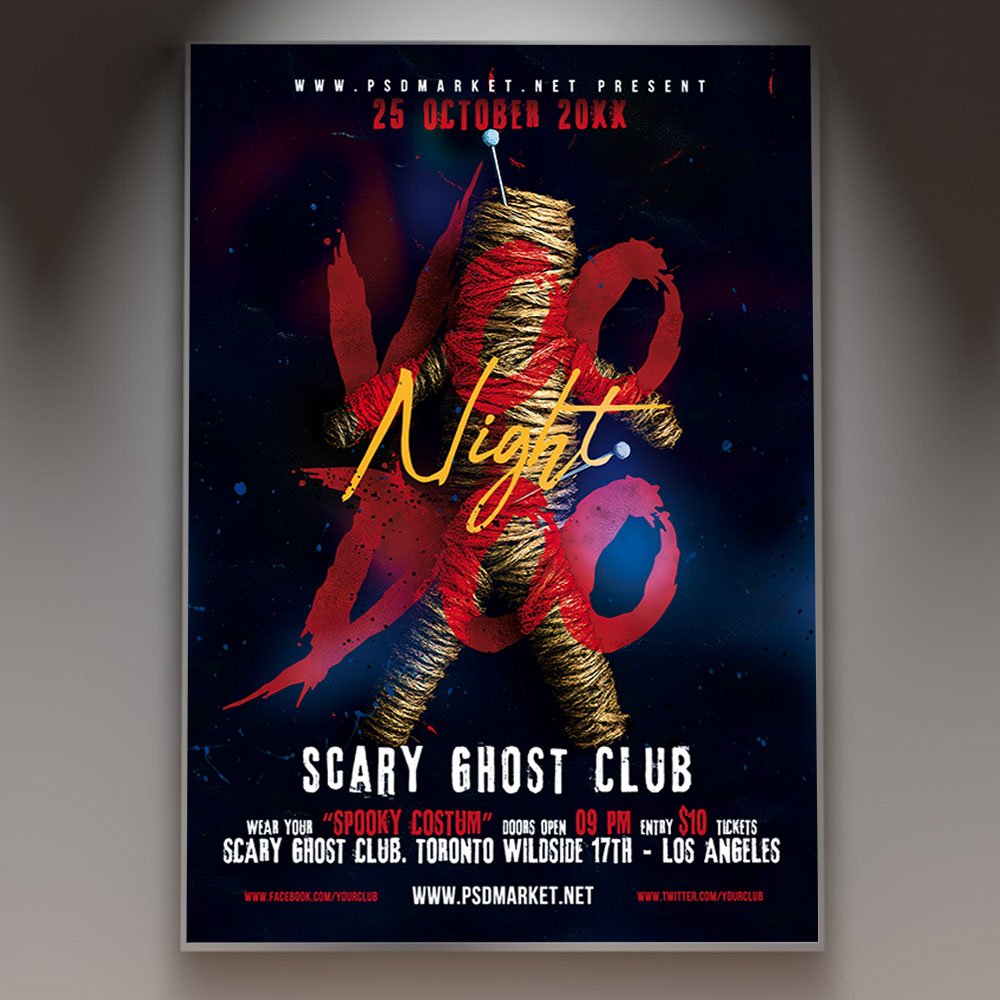A professional Voodoo Flyer Template featuring dark mystical gradients, occult symbol motifs, and chilling atmospheric typography.