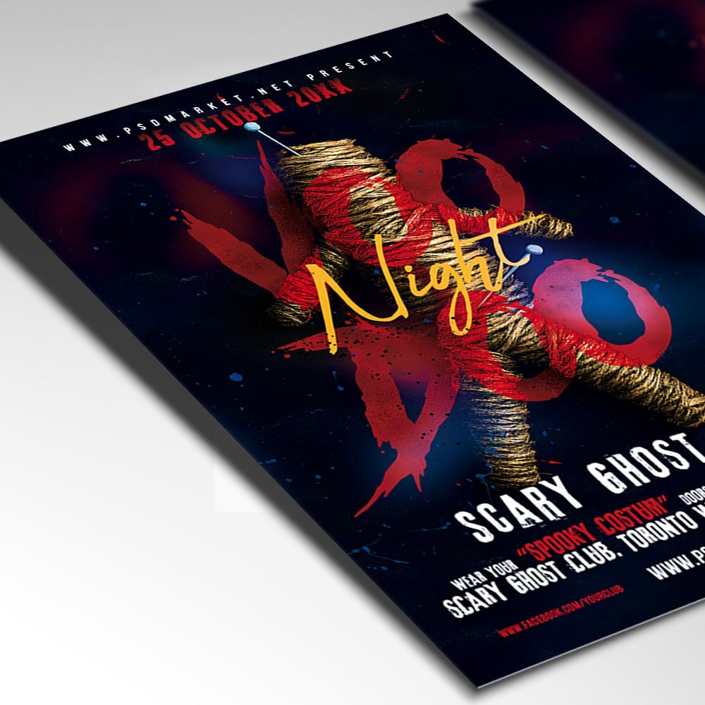 Customizable spooky ritual party poster in PSD format with mystical design elements, organized Photoshop layers, and premium placeholders for event details.