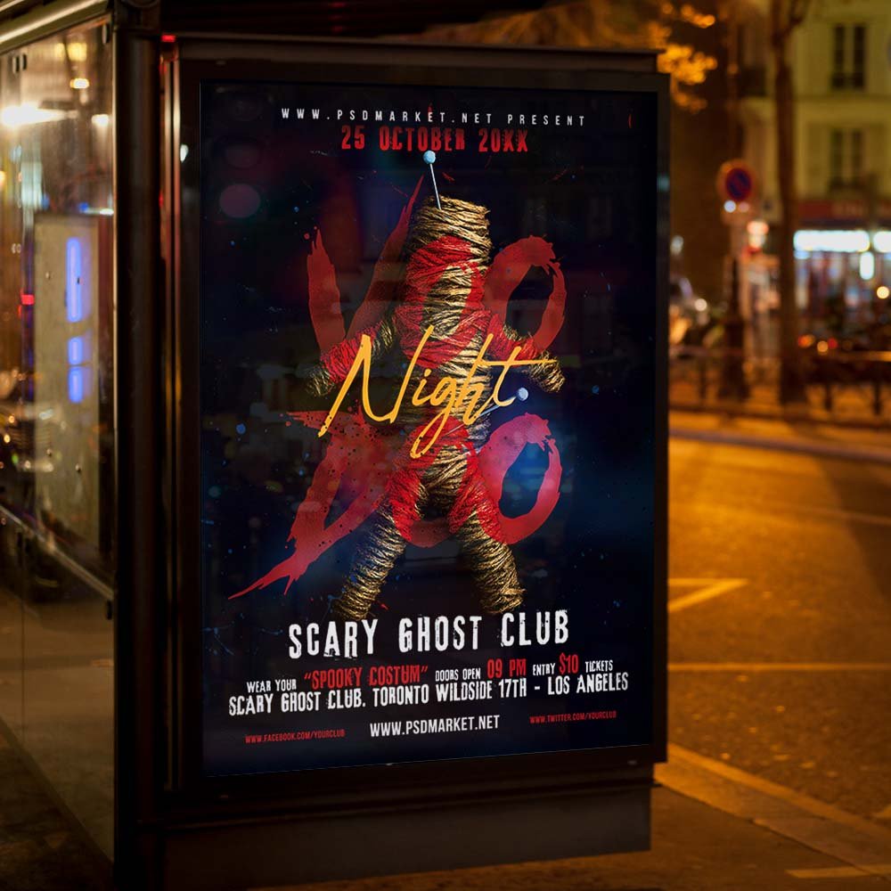 An eye-catching "Voodoo" invitation flyer template showing sharp 300 DPI resolution, professional horror aesthetic, and high-impact dark design.