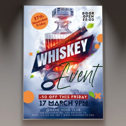 A professional Whiskey Flyer Template featuring rich amber gradients, subtle oak textures, and elegant typography.