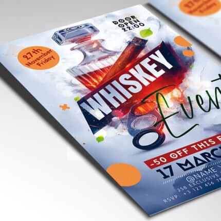 Customizable upscale whiskey tasting poster in PSD format with sophisticated design details, organized Photoshop layers, and premium placeholders for event details.