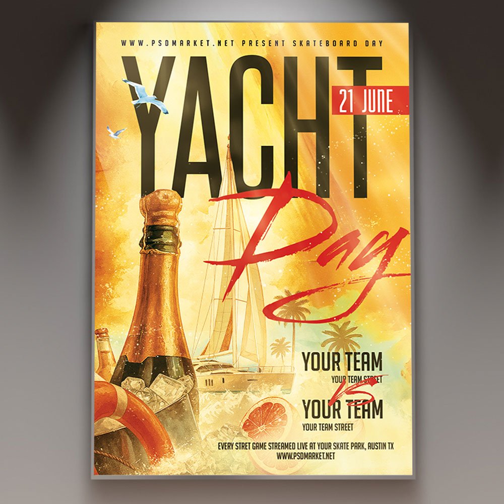 A professional Yacht Day Flyer Template featuring luxurious nautical blue gradients, sparkling ocean water details, and elegant typography.