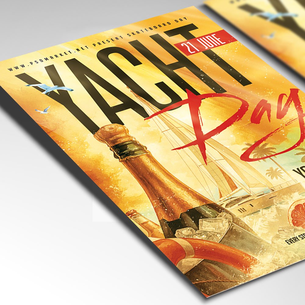 Customizable upscale yacht party poster in PSD format with sophisticated design details, organized Photoshop layers, and premium artist photo placeholders.