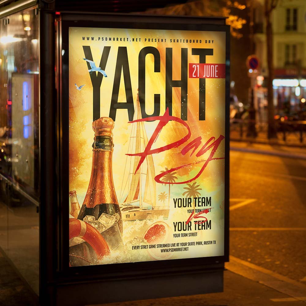 An eye-catching "Yacht Day" invitation flyer template showing sharp 300 DPI resolution, professional VIP aesthetic, and high-impact luxury design.