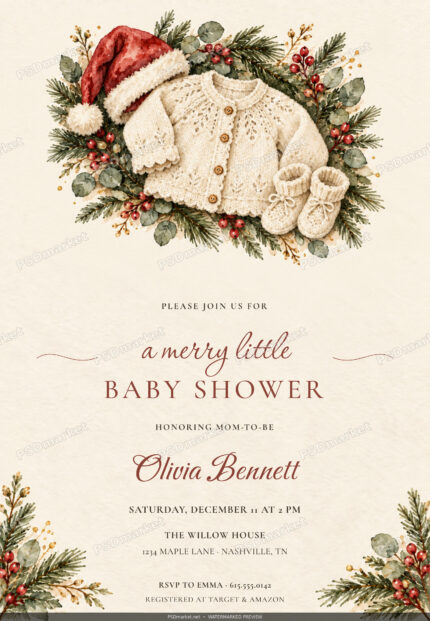 Merry Little Baby Shower Christmas Invitation PSD with PSDmarket preview watermark