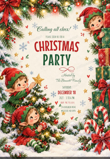Calling All Elves Christmas Party Flyer PSD with PSDmarket preview watermark