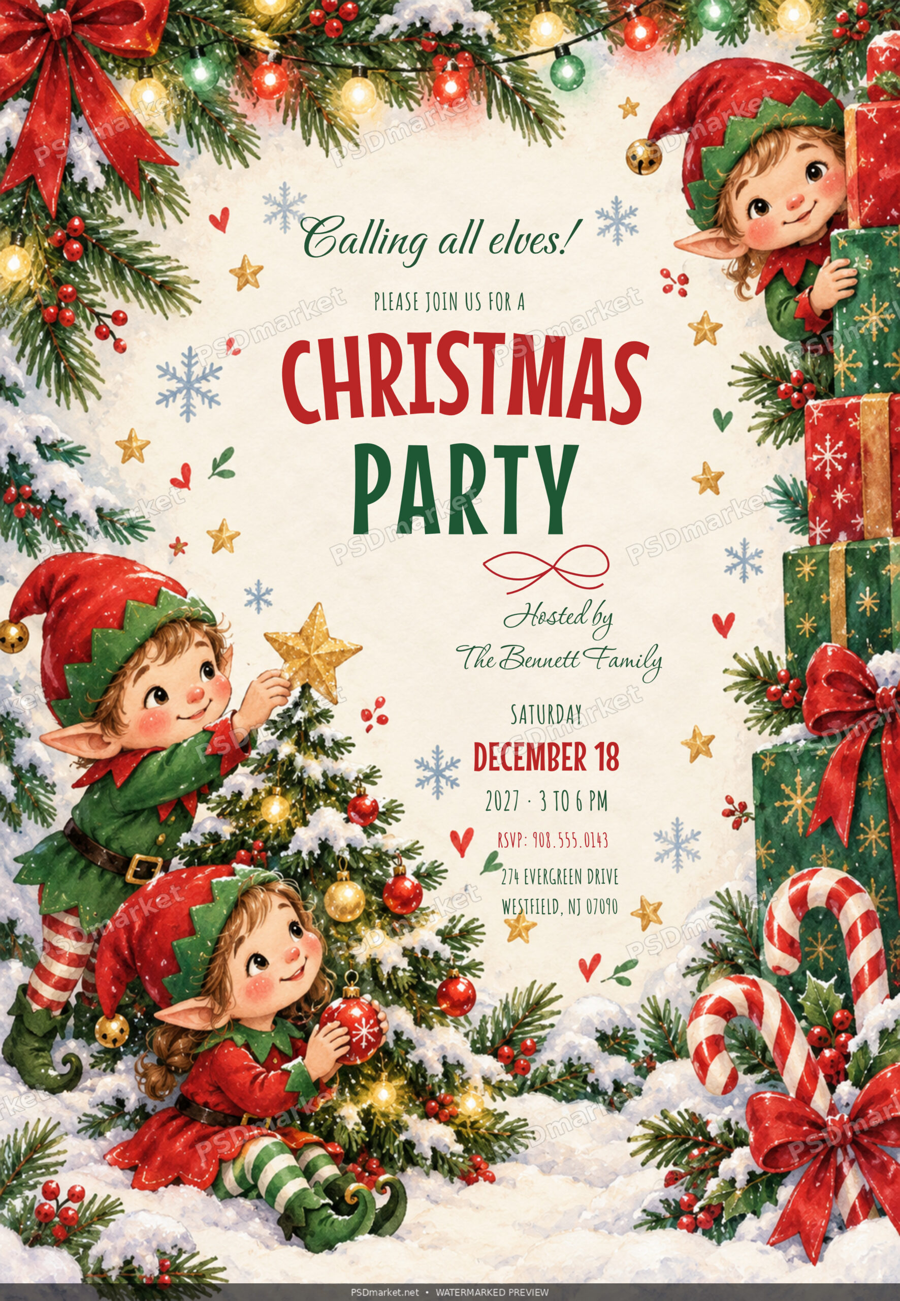 Calling All Elves Christmas Party Flyer PSD with PSDmarket preview watermark
