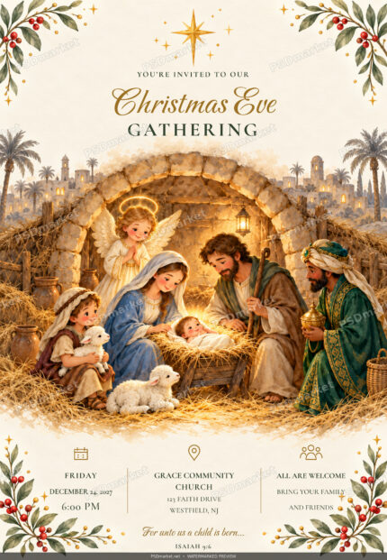 Christmas Eve Gathering Nativity Flyer PSD with PSDmarket preview watermark